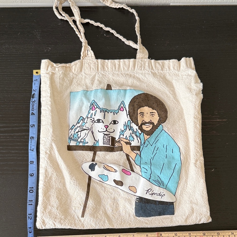 Ripndip Bob Ross Cat Tote Bag Canvas Artistic Graphic Shopper Bag Funny Cat Art